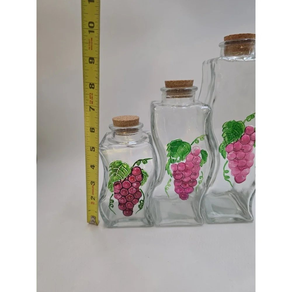 VTG Set 3 Clear‎ Glass Grape Painted Canisters Cork Lids Kitchen Farmhouse Decor